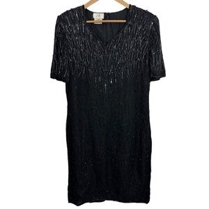 Vtg JMC 100% Silk Beaded Dress Sz 1X Black Knee Length Elegant Cocktail Party